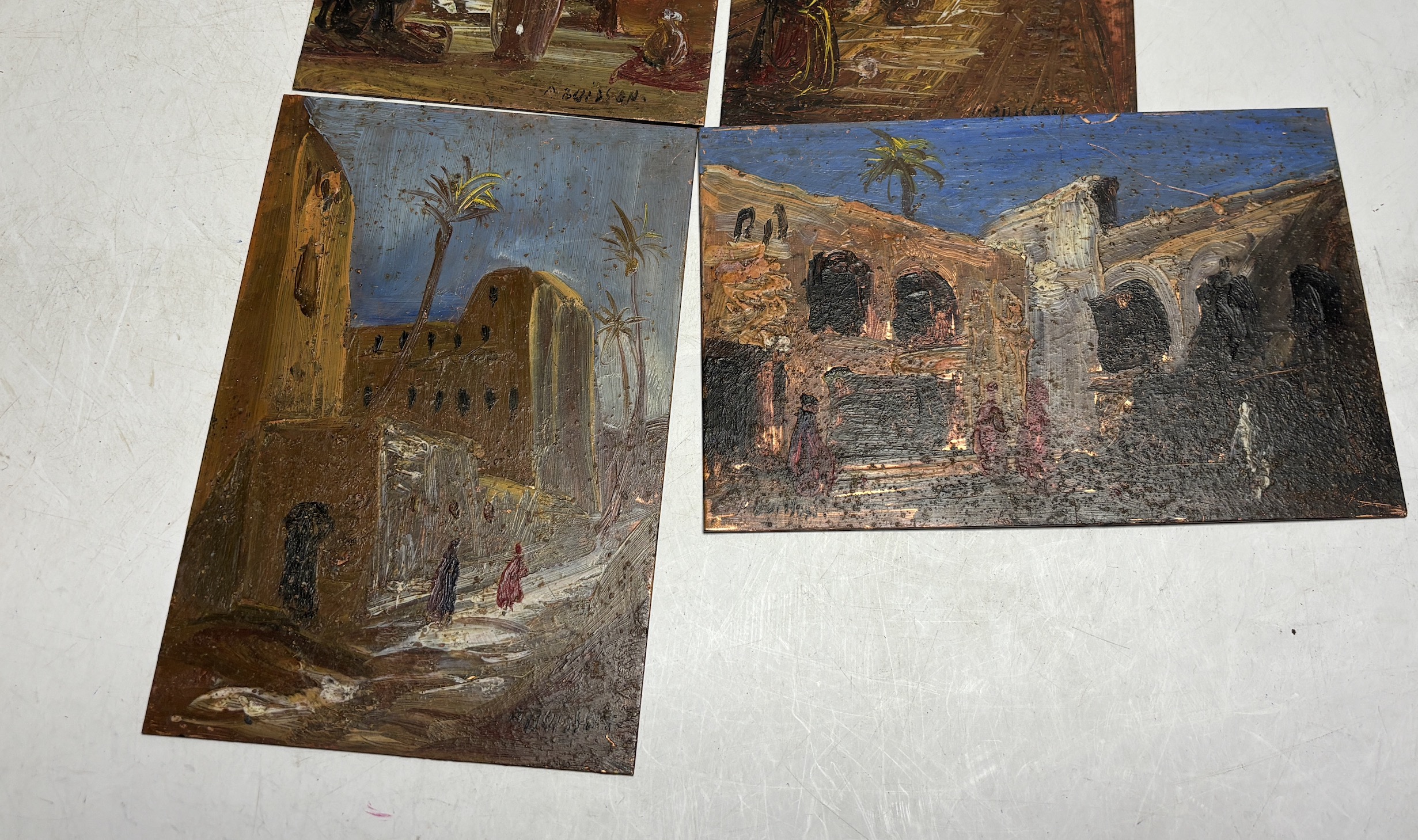 P. Buisson, set of five oils on copper panels, Middle Eastern landscapes with figures, each signed, each 15 x 9.5cm, unframed